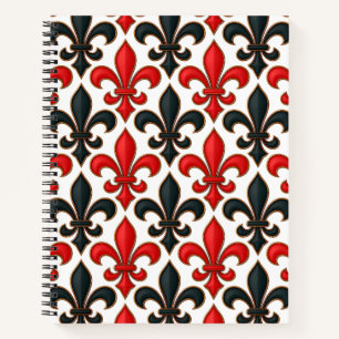 Rotes Schwarzes Barock Fleur-de-lis-Muster Notizbuch