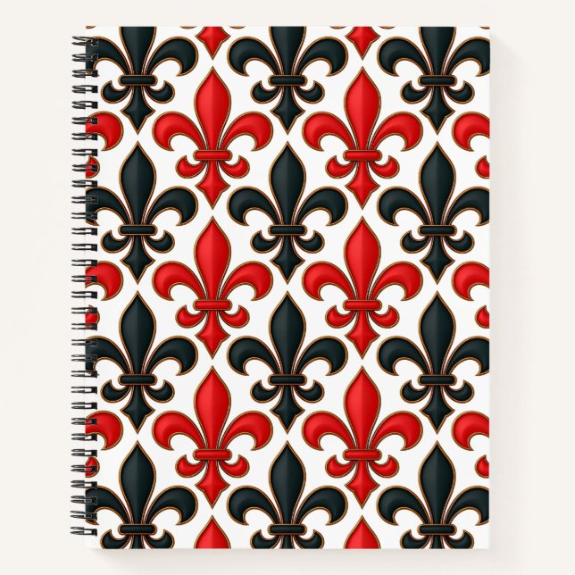 Rotes Schwarzes Barock Fleur-de-lis-Muster Notizbuch (Vorderseite)