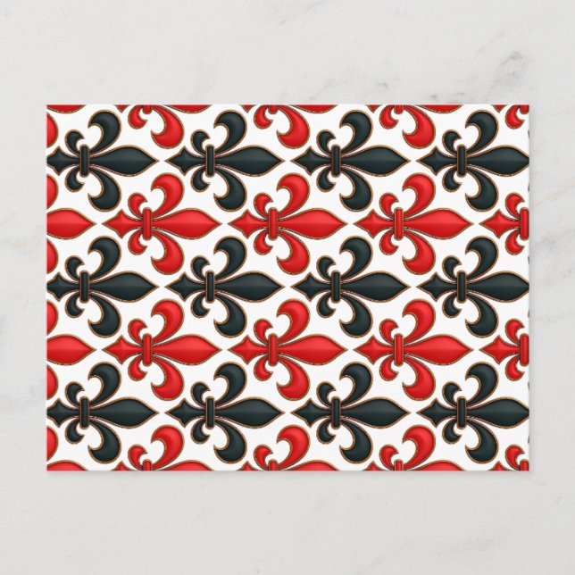 Rotes Schwarzes Barock Fleur-de-lis-Muster Postkarte (Vorderseite)