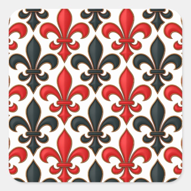 Rotes Schwarzes Barock Fleur-de-lis-Muster Quadratischer Aufkleber (Vorderseite)