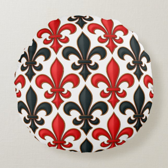 Rotes Schwarzes Barock Fleur-de-lis-Muster Rundes Kissen (Vorderseite)