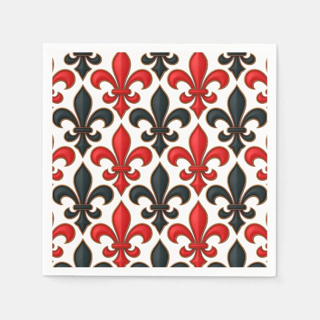 Rotes Schwarzes Barock Fleur-de-lis-Muster Serviette (Vorderseite)
