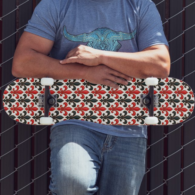Rotes Schwarzes Barock Fleur-de-lis-Muster Skateboard (Von Creator hochgeladen)