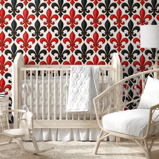 Rotes Schwarzes Barock Fleur-de-lis-Muster Tapete (Von Creator hochgeladen)