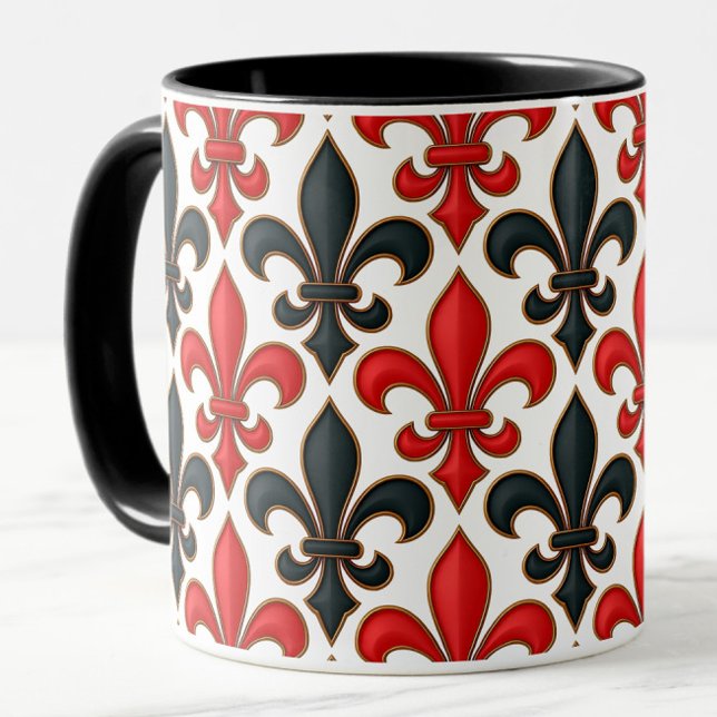 Rotes Schwarzes Barock Fleur-de-lis-Muster Tasse (Von Creator hochgeladen)