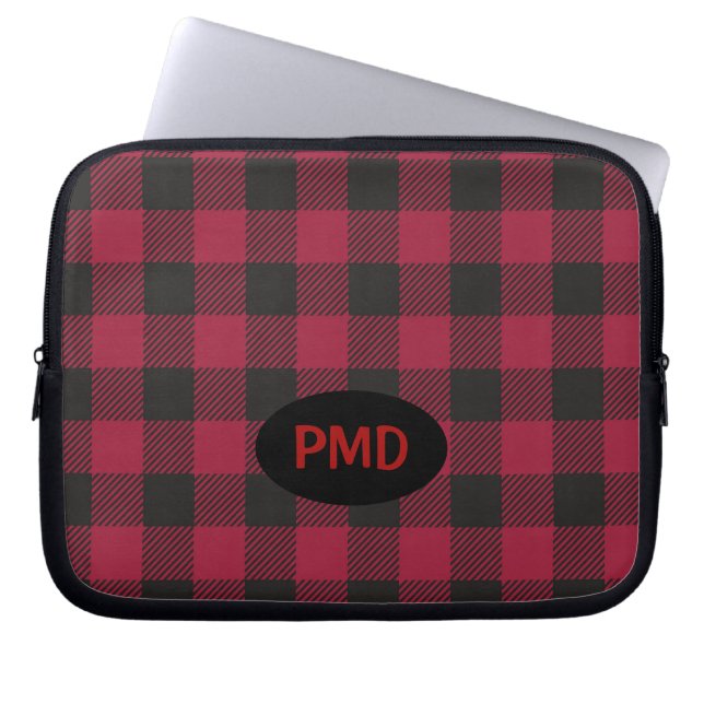 Rotes Schwarzes Buffalo Karierter Karo Monogramm I Laptopschutzhülle (Vorderseite)
