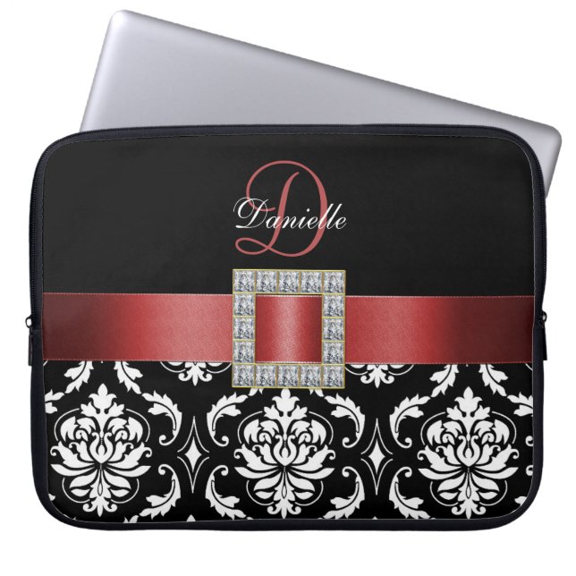 ROTES, SCHWARZES DAMAST-MONOGRAMM LAPTOPSCHUTZHÜLLE (Vorderseite)