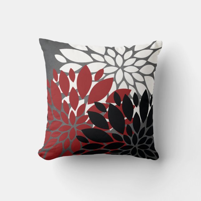 Rotes Schwarzes Grau Weiße Blume Silhouette Kissen (Vorderseite)