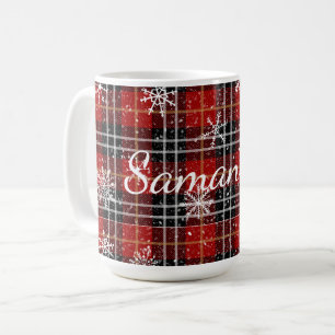 Rotes schwarzes Karo-Schneeflocken Personalisiert Kaffeetasse