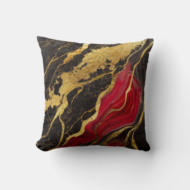 Rotes schwarzes Marmormuster mit Gold Kissen (Vorderseite)