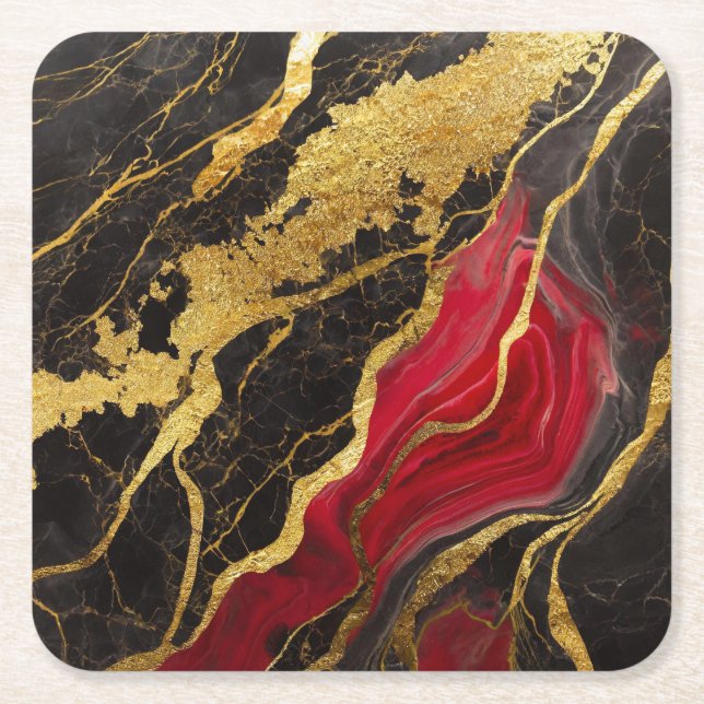 Rotes schwarzes Marmormuster mit Gold Rechteckiger Pappuntersetzer (Vorderseite)