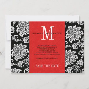 Rotes schwarzes Monogramm-Damaskus-Hochzeit-Save-T Save The Date