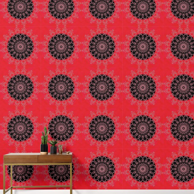 Rotes Schwarzes Rosa Mandala Abstrakt Tapete (Hausflur)