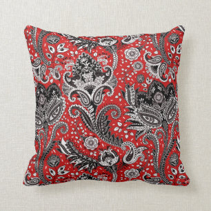 Rotes schwarzes u. weißes Blumenpaisley Kissen
