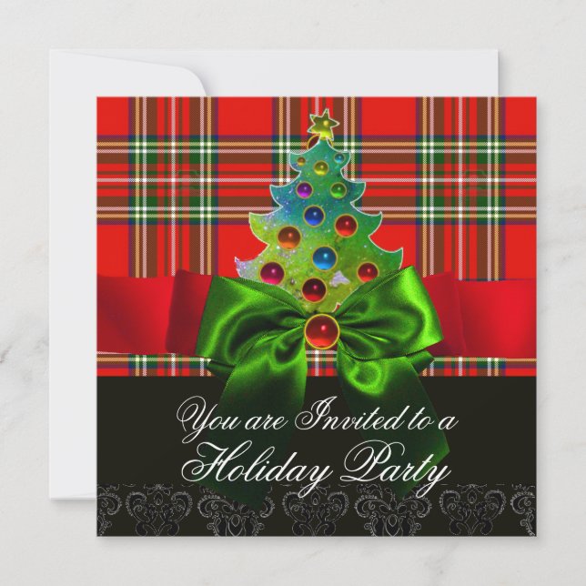 ROTES SCOTTISH TARTAN, GRÜNE BOWS UND CHRISTMAS BA EINLADUNG (Vorderseite)