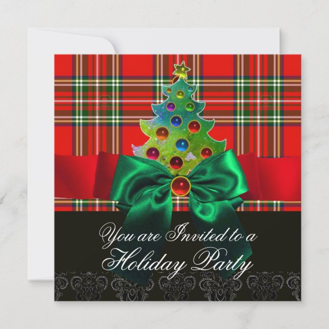 ROTES SCOTTISH TARTAN, GRÜNE BOWS UND CHRISTMAS BA EINLADUNG (Vorderseite)