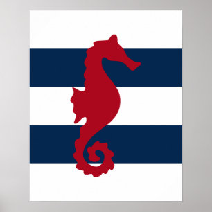 Rotes Seepferd auf Marine u. weiße Streifen Poster