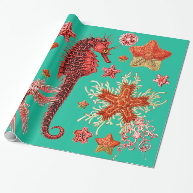 ROTES SEEPFERD UND SAISTAREN IM LEBEN DES AQUA BLA GESCHENKPAPIER (Ungerollt)