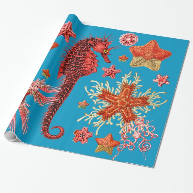 ROTES SEEPFERD UND SAISTAREN IM LEBEN DES AQUA BLA GESCHENKPAPIER (Ungerollt)