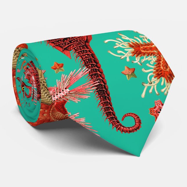 ROTES SEEPFERD UND SEESTARS TURQUOISCH BLAUE MEERE KRAWATTE (Gerollt)