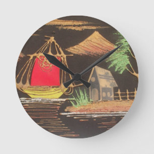 Rotes Segelboot Landschaft Ölbild Kunst Druck Runde Wanduhr