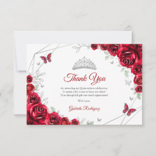 Rotes Silbernes Florales Quinceanera Dankeskarte