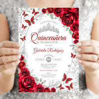 Rotes silbernes florales Quinceanera