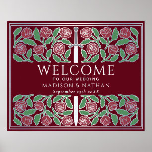 Rotes silbernes Schwert Florales königliches Hochz Poster
