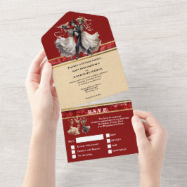 Rotes Skelett Bräutigam gotische Hochzeit All In One Einladung