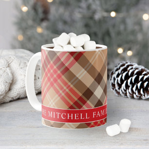 Rotes Tan-Tartan-Karo-Familienmonogramm Kaffeetasse