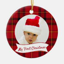 Rotes Tartan-Karo-Baby-Foto zum ersten Weihnachten
