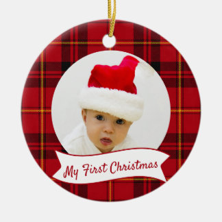 Rotes Tartan-Karo-Baby-Foto zum ersten Weihnachten Keramik Ornament