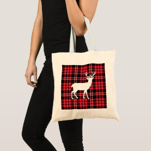 Rotes Tartan-Karo-Muster Weiße Weihnachtshirsche H Tragetasche