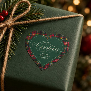 Rotes Tartan-Karo-Waldgrün-Weihnachtsfamilie Herz-Aufkleber