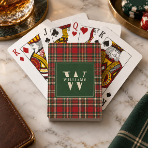 Rotes Tartan-Karo-Waldgrün-Weihnachtsmonogramm Spielkarten