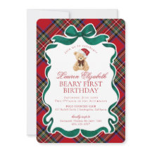 Rotes Tartan-Karo-Weihnachts-Beary-Erster-Geburtst