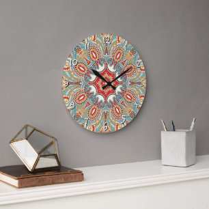Rotes Teal-Graues Blaues Sonnengelbes Kaleidoskop- Große Wanduhr