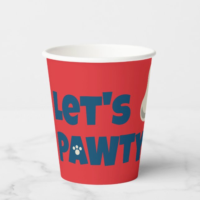 Rotes Thema Puppy Pawty Geburtstag Pappbecher (Vorderseite)