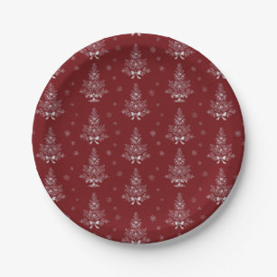 Rotes Toile de Jouy Coquette Weihnachtslaub Pappteller