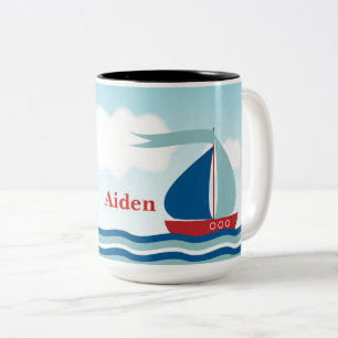 Rotes u. blaues Segelboot auf den Wasser-Wellen, Zweifarbige Tasse
