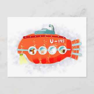 Rotes U-Boot mit niedlichen Tieren an Bord Postkarte
