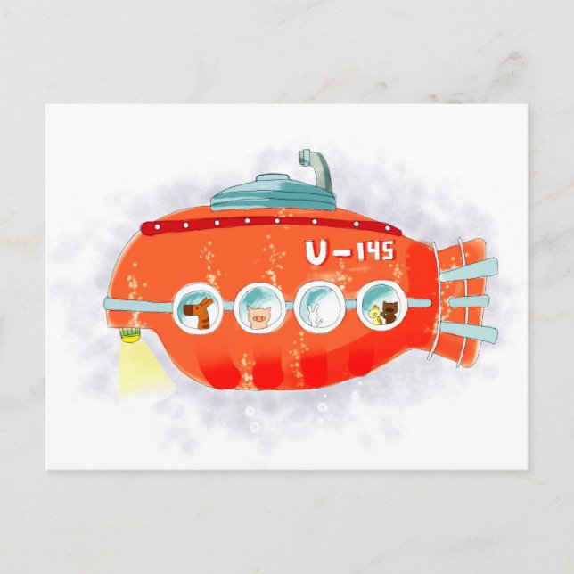 Rotes U-Boot mit niedlichen Tieren an Bord Postkarte (Vorderseite)