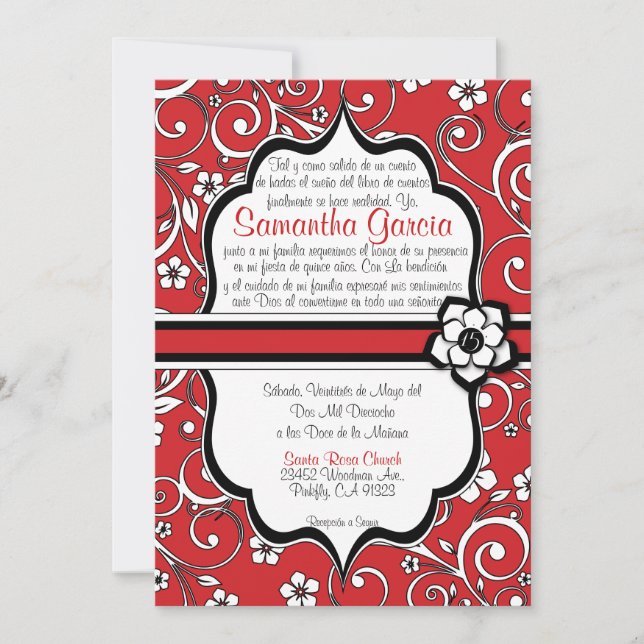 Rotes u. schwarzes Spanisch Quinceañera Einladung (Vorderseite)
