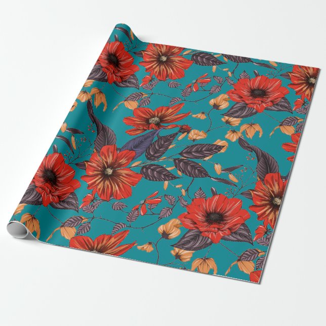 Rotes und Aquamarines Blumenmuster Geschenkpapier (Ungerollt)