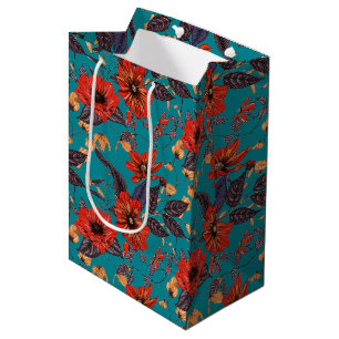 Rotes und Aquamarines Blumenmuster Mittlere Geschenktüte