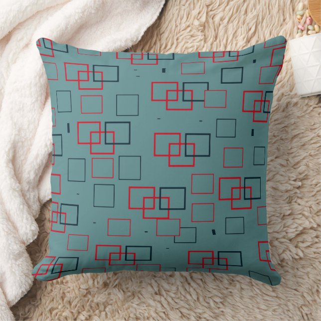 Rotes und Aquamarines Squares Delight Kissen (Decke)