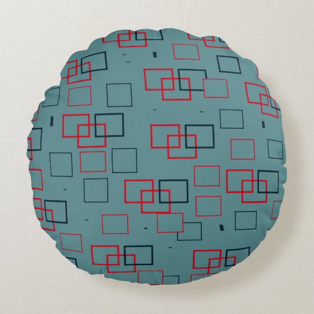 Rotes und Aquamarines Squares Delight Rundes Kissen (Vorderseite)