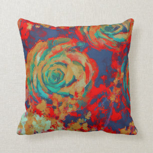 Rotes und aquamarines Vintages Blumen Kissen