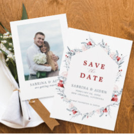 Rotes und blaues blumengeschmücktes Hochzeitsfest- Save The Date