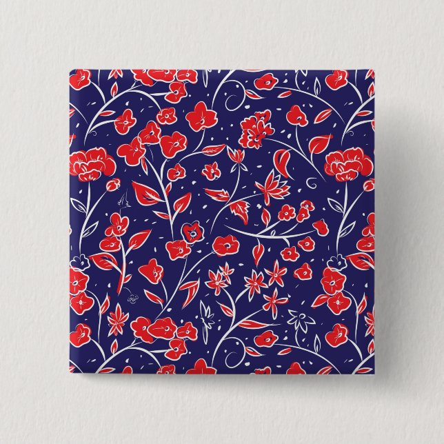 Rotes und blaues Blumenmuster Button (Vorderseite)